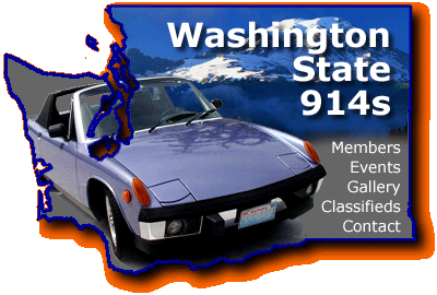 Washington State 914's Logo - Adriatic Blue 914 and mountain scene montaged inside the shape of the state with a blue border
